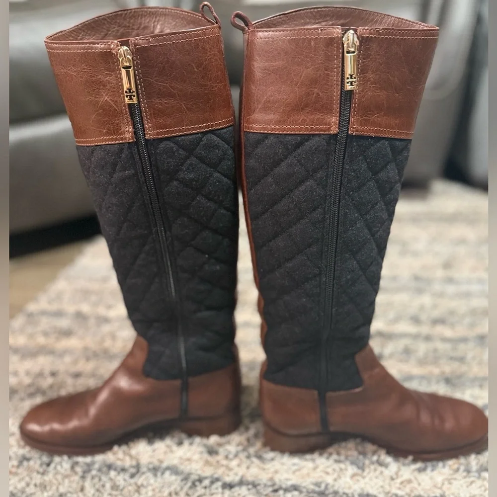 Tory Burch Brown Leather & Monogram Quilted Boots